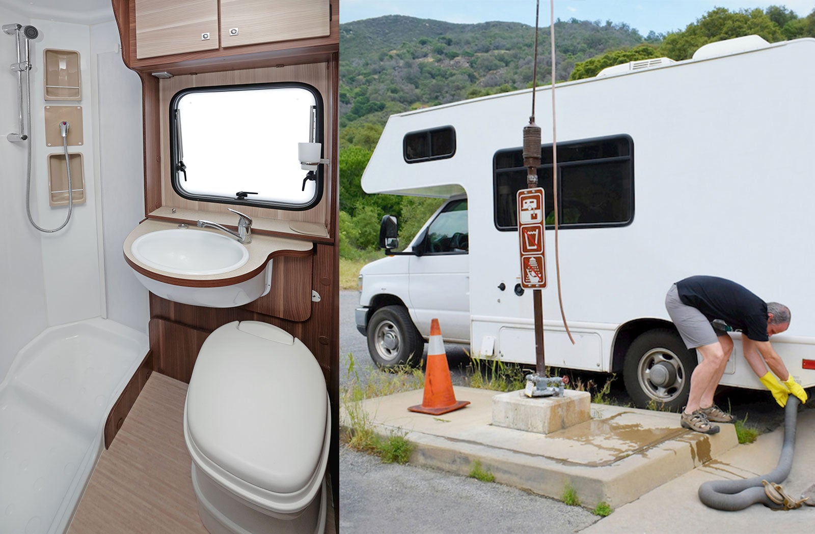Portable RV/camper toilet and holding tank setup in Menifee, California